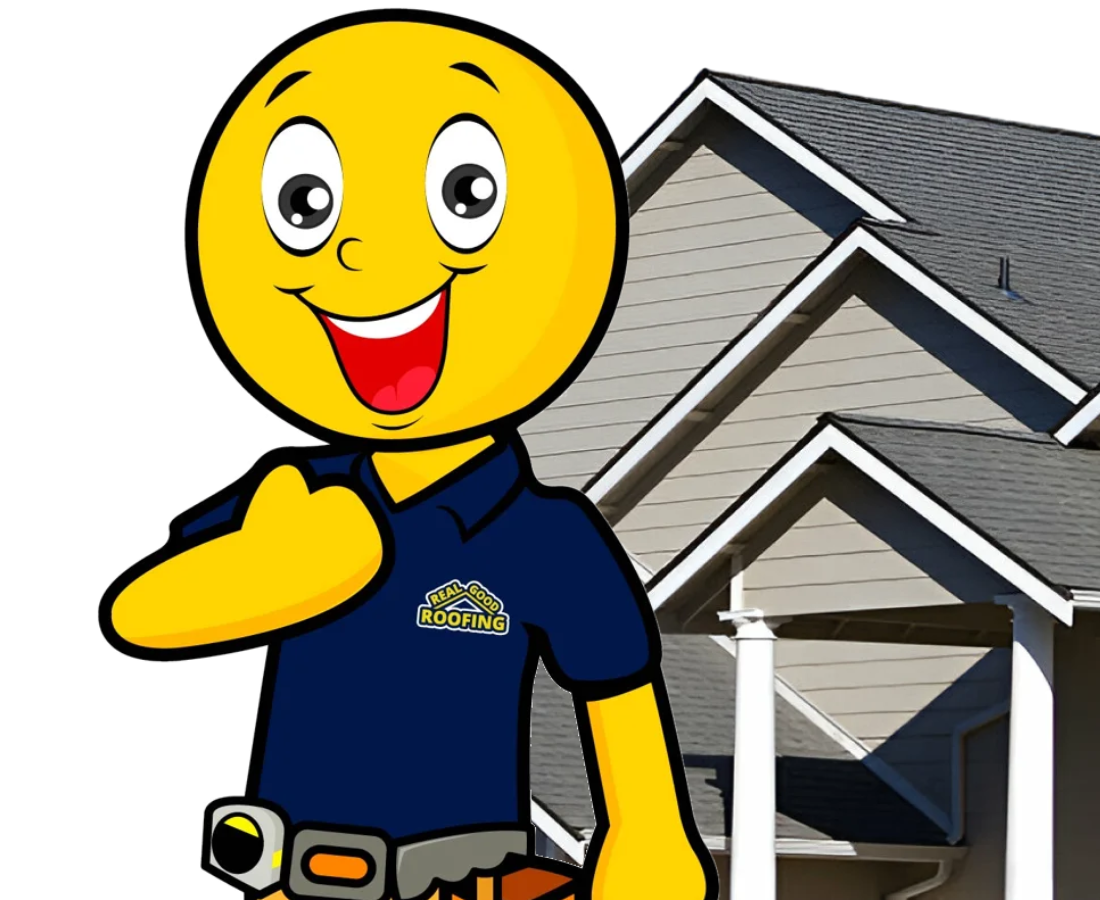 Rufus, the Real Good Roofing mascot, in front of a newly roofed home